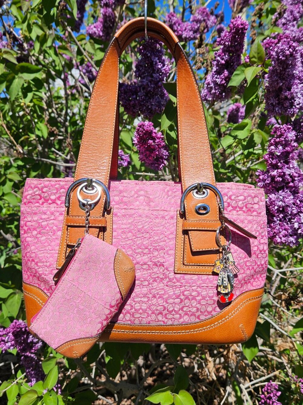 Coach Vintage Soho Y2K Pink Jacquard Signature Shoulder Bag/Coin Purse W/Charms